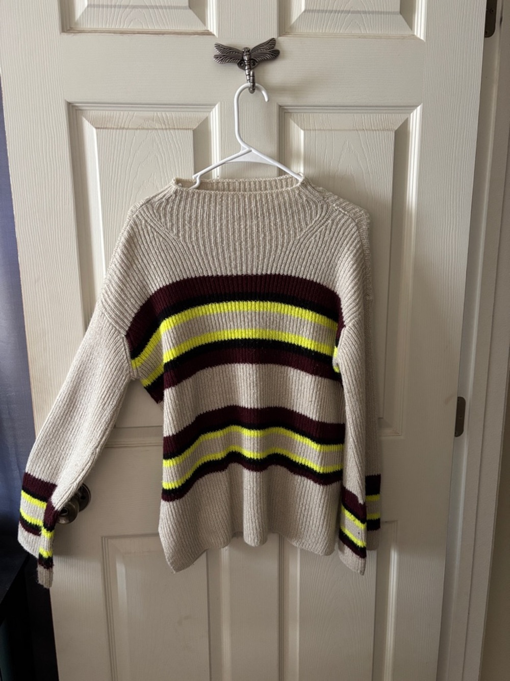 RD Style Cream Ribbed Sweater with Burgundy and Neon Yellow Stripes